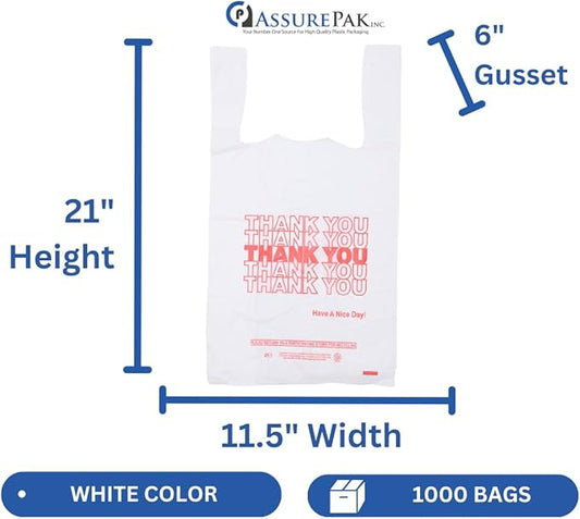 White 'Thank You' HDPE T-Shirt Bags - Grocery Bags with Handles – 1/6 BBL Size 11.5"x6"x21" – 15 Microns – 1000 units – Thank You Shopping Bags for Retail, Takeout, Restaurant Supplies – AssurePak