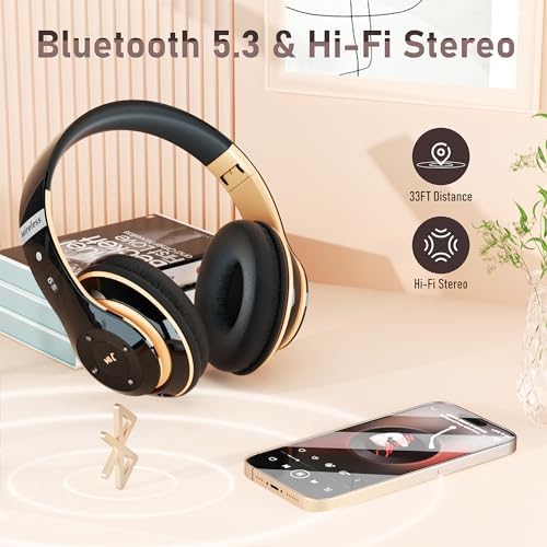 Bluetooth Headphones Over Ear, 6S Wireless Headphones Wired with 6 EQ Modes, 40 Hours Playtime Foldable HiFi Stereo Headset with Microphone, FM/TF for Cellphone/PC/Work (Black & Gold)
