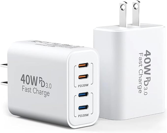 40W USB C Charging Block, 4 USB C Ports, Type C Wall Plug Fast Charger Cube, Power Adapter Box for iPhone 16, 15, 14, 13, 12, 11, Galaxy Phones, Watch, Tablet, Smartphones (White 2Pack)
