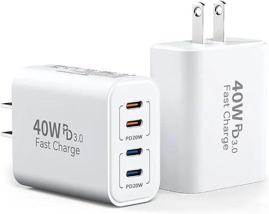 40W USB C Charging Block, 4 USB C Ports, Type C Wall Plug Fast Charger Cube, Power Adapter Box for iPhone 16, 15, 14, 13, 12, 11, Galaxy Phones, Watch, Tablet, Smartphones (White 2Pack)
