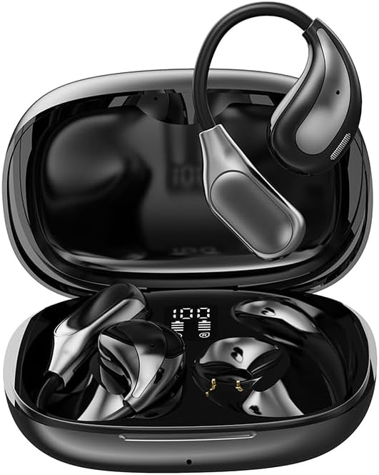 Open Ear Wireless Bluetooth Headphones, Sport Over Headset Built-in Mic, LED Display, Touch Control Earphones, IPX5 Waterproof for Sports Running Driving Cycling (Black)