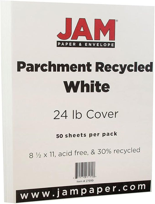 JAM PAPER Parchment 24lb Paper - 90 gsm - 8.5 x 11 - White Recycled - 50 Sheets/Pack
