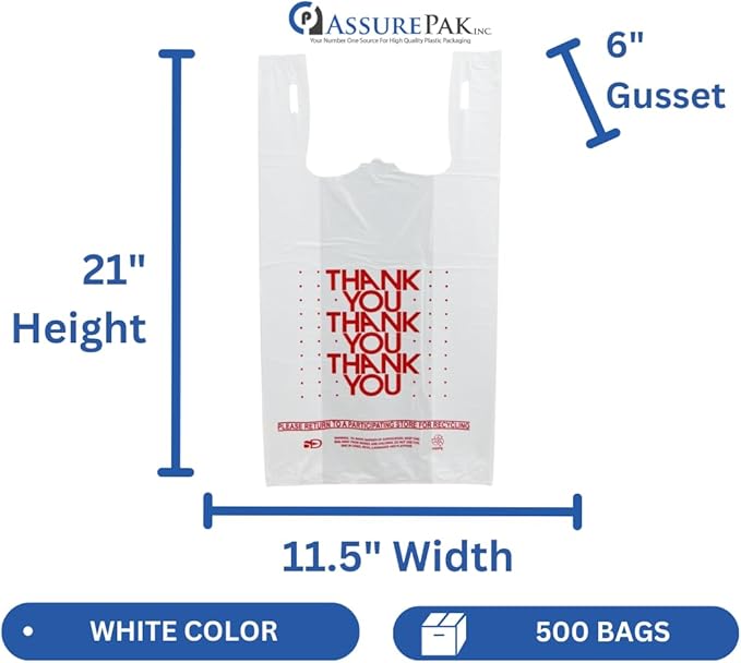 Easy Open - 1000 Bags - White 'Thank You' HDPE T-Shirt Bags - 1/6 BBL 11.5"X6"X21" - 13 Microns – for Retail, Takeout, Restaurant Supplies – AssurePak