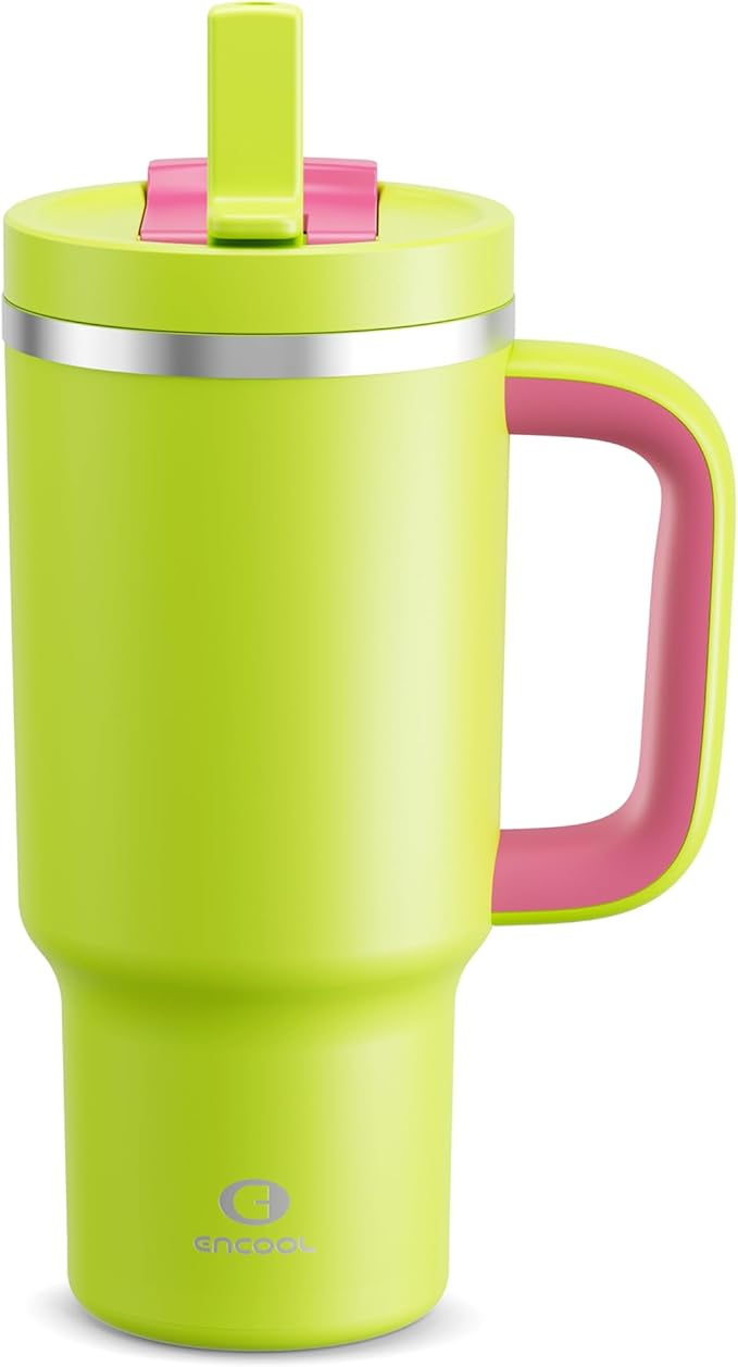 32 oz Tumbler with Handle and Straw: Stainless Steel Insulated Tumbler Keeps Cold for 24 Hours, Leakproof Travel Cup Fits in Cup Holder and BPA-Free,Acid Green