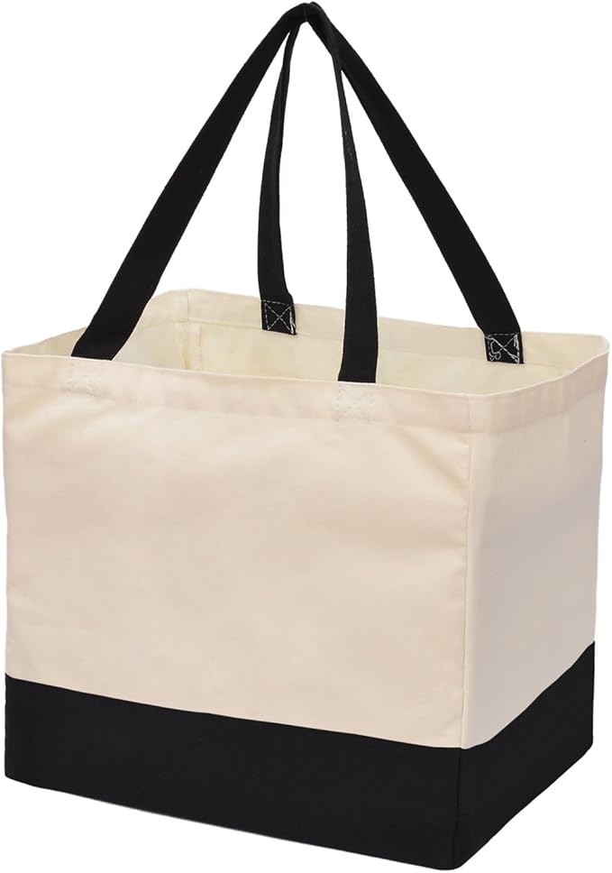Heavy Duty Canvas Reusable Grocery Bags - 8.3 Gal Foldable Large Tote with Handles, Holds 60 lbs & Washable Eco-friendly Bags with 5 Pockets, Off White Black