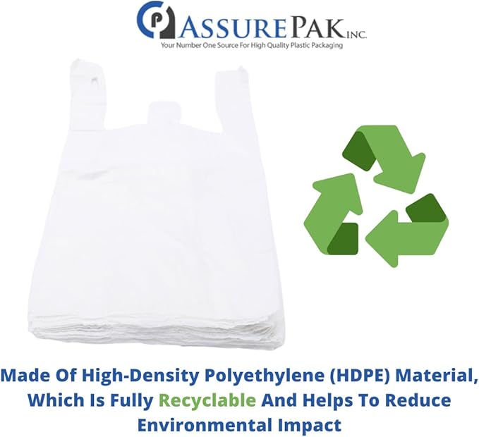 Easy Open - White Unprinted HDPE T-Shirt Bags 10"x5"x18" with handles – 1000 Bags – 13 Microns – Perfect for Grocery Shopping and Store Purchases