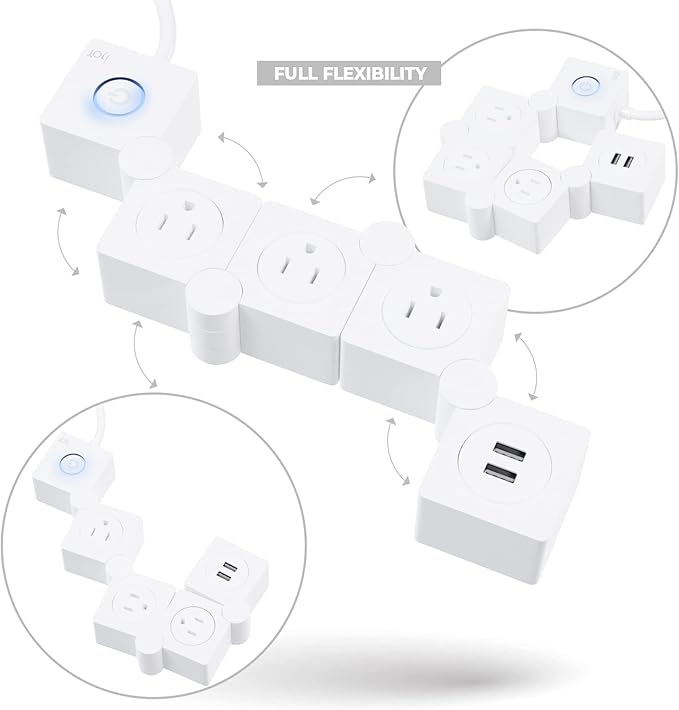 iJoy Flexible Power Strip - 3 AC Outlets and 2 USB Charging Ports with 5 Ft Extension Cord, Power Strip Surge Protector White, Decorative Surge Protector Outlet Extender for Home, Office, and More