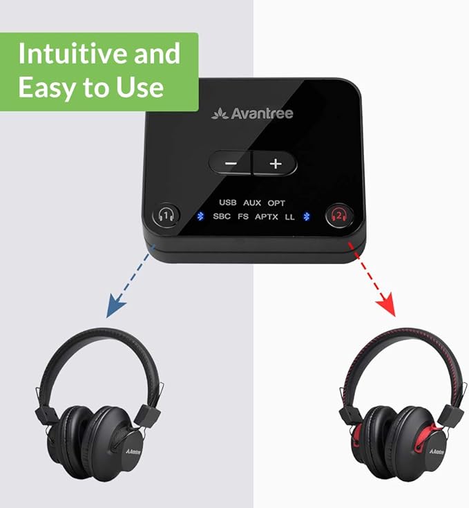Avantree HT41899 - Dual Bluetooth Wireless Headphones for TV Watching, Compatible with TVs (Optical/AUX), 40Hrs Playtime, Individual Volume Control, Includes Transmitter & Stand