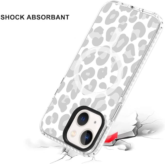 SAKUULO Magnetic for iPhone 13 Case Light Gray Leopard Print Pattern [Compatible with MagSafe] Wireless Charge Slim Shockproof Case for iPhone 13 Phone Case, Gray Leopard (6.1")