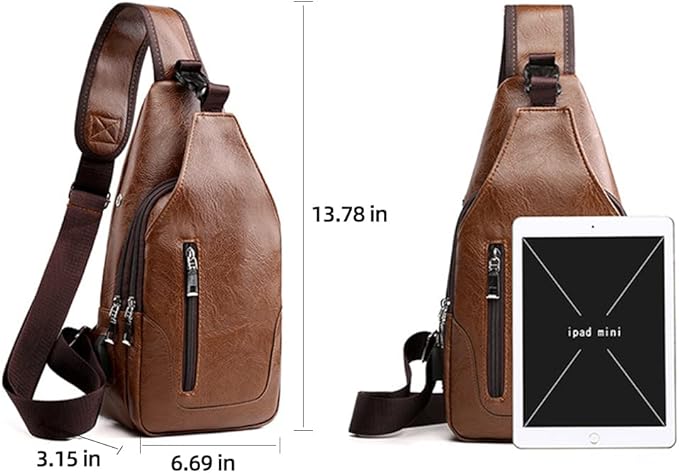 Peicees Leather Sling Bag Mens Crossbody Bag Chest Bag Sling Backpack for Men with USB Charge Port