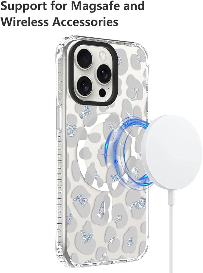 SAKUULO Magnetic for iPhone 15 Pro Max Case Clear Gray Leopard Print Pattern [Compatible with MagSafe] Wireless Charge Strengthen Protection Cover, Gray Leopard (6.7")