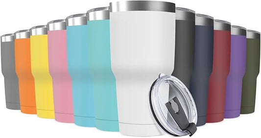 30oz Stainless Steel Travel Mug with Lid, 12 Pack Double Wall Vacuum Insulated Bulk Tumbler, Powder Coated Coffee Cup Suitable for Vehicle Cup Holders (Assorted Colors)