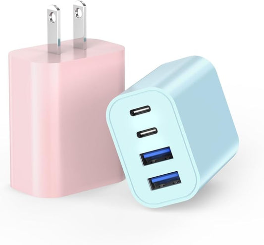 iPhone 16 Charger Block, 40W 4-Port PD USB C Charger Block Power Adapter + QC Wall Charging Plug 2 Pack Fast Charging Cube Apple Multiport Brick for iPhone 16/16e/15/14/13/12 Series/iPad(Pink & Blue)