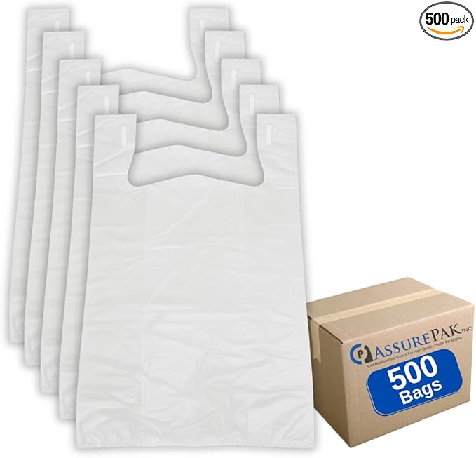 Easy Open - Stock T-Shirt Plastic Bag - Clear - 13"x10"x23" with handles – 500 Units – 14 Microns - 1/5 BBL – Perfect for Grocery Shopping and Store Purchases