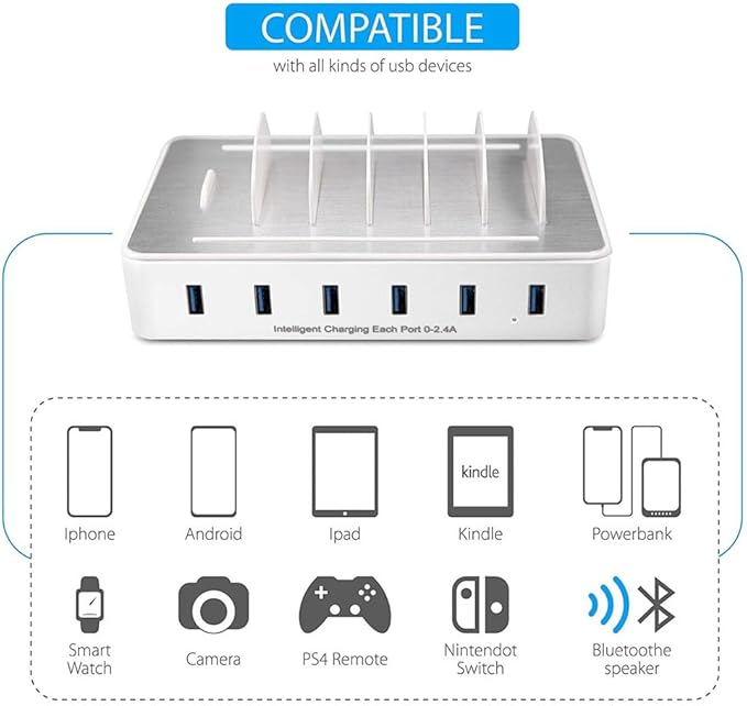 Charging Station for Multiple Devices,50W 6 USB Ports Family Charger Compatible with Apple iPhone iPad and Android Phone and Tablet