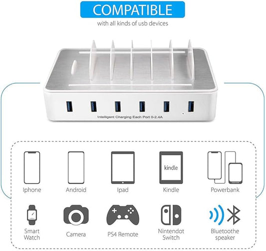 Charging Station for Multiple Devices,50W 6 USB Ports Family Charger Compatible with Apple iPhone iPad and Android Phone and Tablet