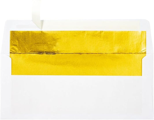 LUXPaper #10 Foil Lined Business Envelopes | Peel & Press | 4 1/8" x 9 1/2" | White w/Gold LUX Lining | 60lb. Text | 50 Qty