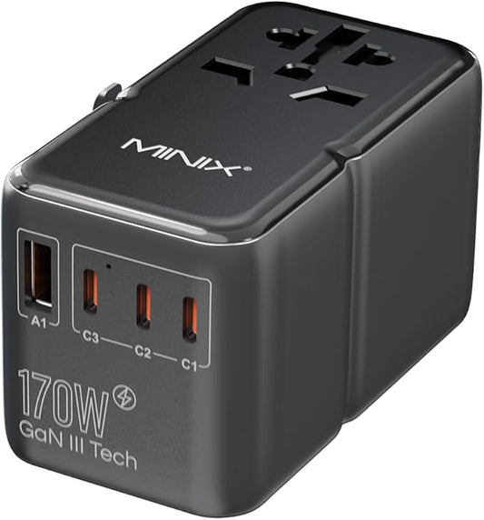 MINIX 170W Universal Travel Adapter GaN III Travel Adapter Worldwide with 3 USB-C & 1 USB-A Ports, International Power Adapter Compatible with US/UK/EU/AU for Laptops, Tablets, Phones, Cameras