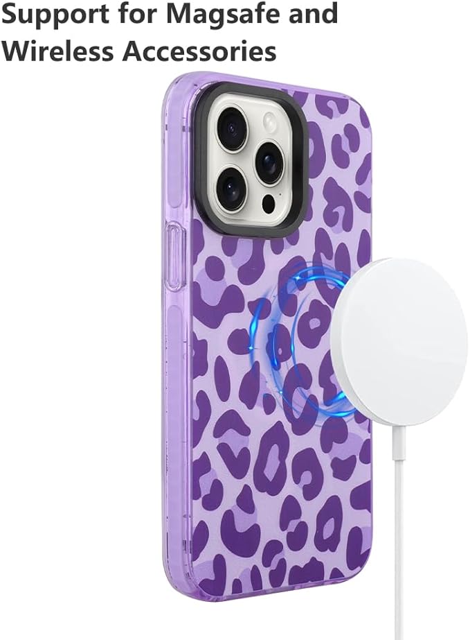 SAKUULO Magnetic for iPhone 14 Pro Max Case Dark Purple Leopard Print Pattern [Compatible with MagSafe] Wireless Charge Strengthen Protection Cover, Purple Leopard (6.7")