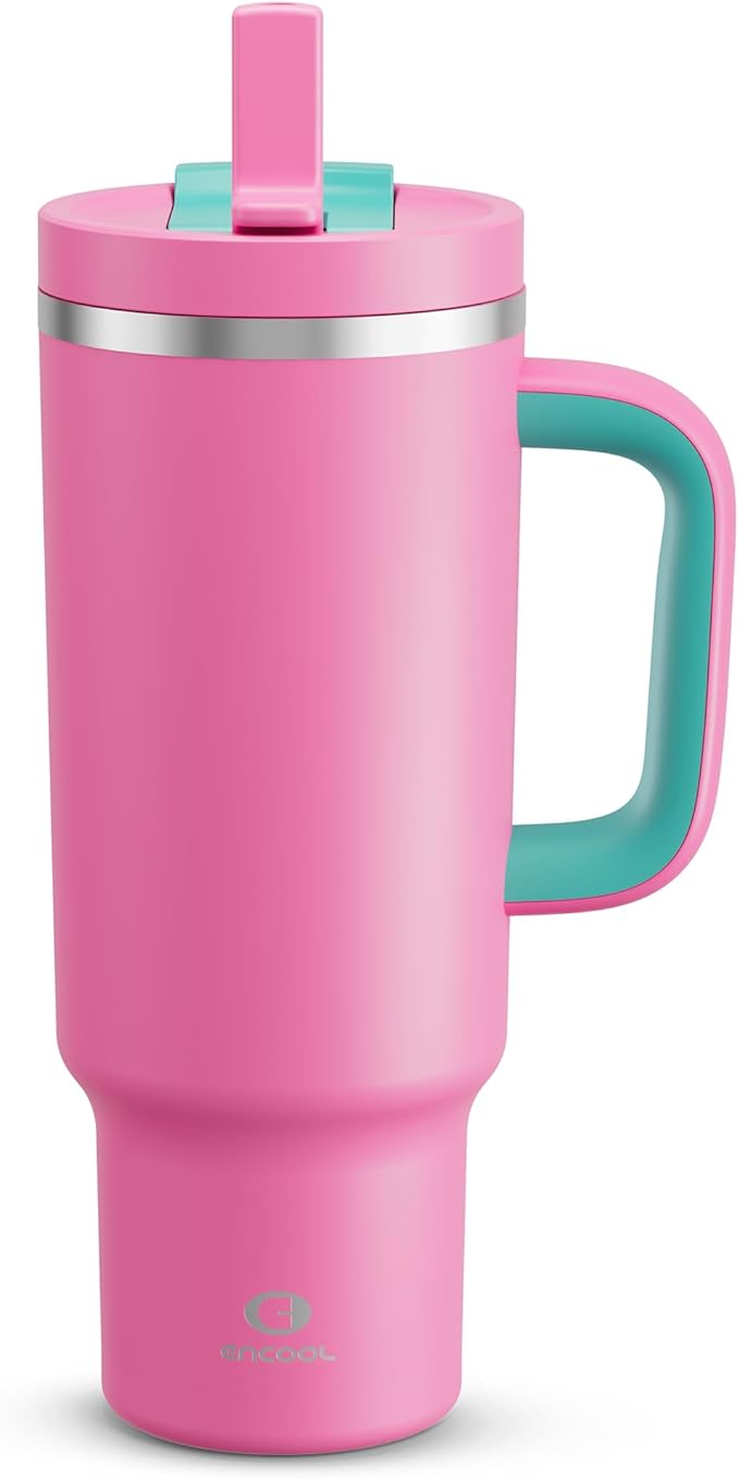 40 oz Tumbler with Handle and Straw: Stainless Steel Insulated Tumbler Keeps Cold for 24 Hours, Leakproof Travel Cup Fits in Cup Holder and BPA-Free, Light Crimson