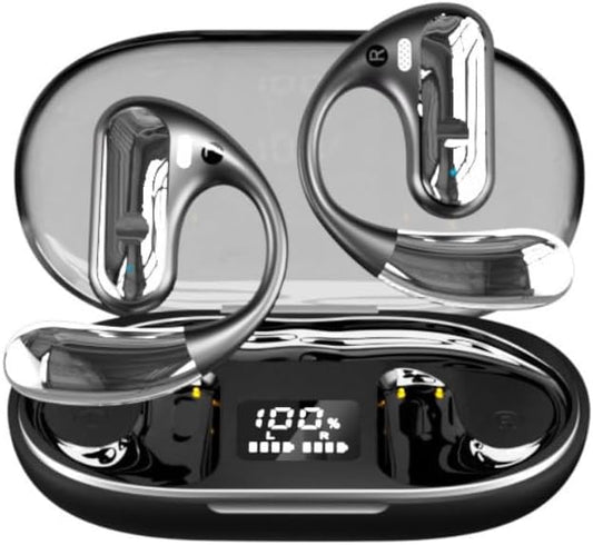 Open Ear Headphones Wireless Bluetooth 5.3 Earphones for Snug Fit, Ergonomic Ear Hook, Clear Calls, Wireless Earbuds, Digital Display Charging Case 40H Playtime Black