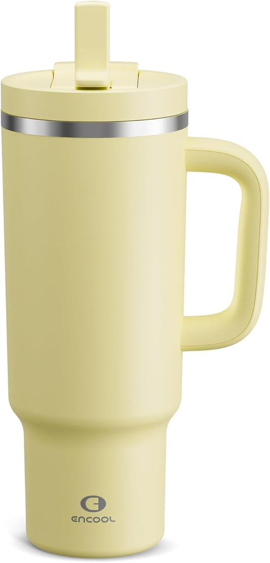 40 oz Tumbler with Handle and Straw: Stainless Steel Insulated Tumbler Keeps Cold for 24 Hours, Leakproof Travel Cup Fits in Cup Holder and BPA-Free, Light Vanilla