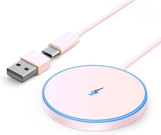 Magnetic Wireless Charger Fast Mag-Safe Charger for 16 Pro Max/16 Pro/16/16 Plus/15/14/13/12 Series AirPods 3/2/Pro/Pro 2 LED Magnet Charging Pad with Dual Charging Ports Pink