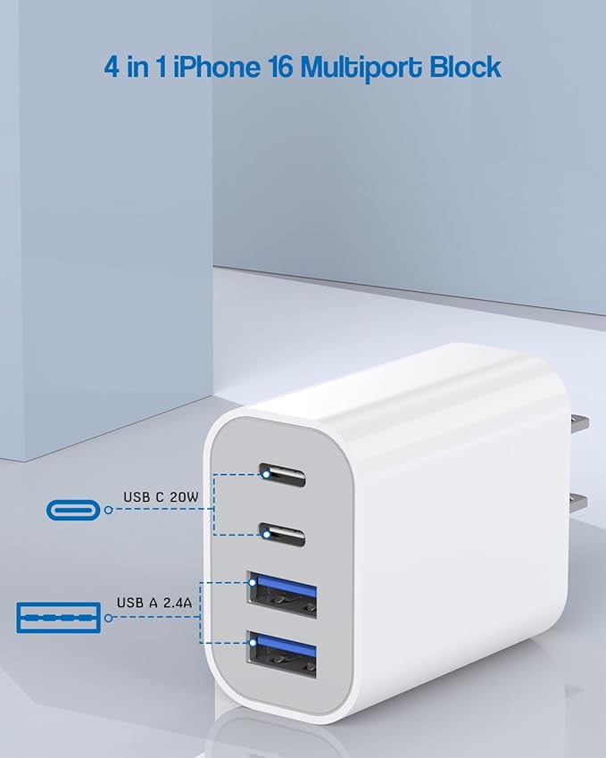 40W iPhone 16 Charger Block, 2Pack 4-Port Fast USB C Charger Blocks, Multiport PD Power Adapter & QC Plug iPhone Cube USBC Charging Brick Apple Adapter for iPhone 16/16 Pro/15/15 Pro Max/14/13/12/iPad