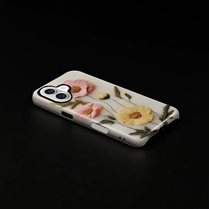 Case for iPhone 16 Plus Case,Faux Embroidery Boho Floral Design - Hybrid Dual Protection Silicone + Hard PC Shockproof Full Body Cover Slim Anti-Scratch Protective Case for Men Women