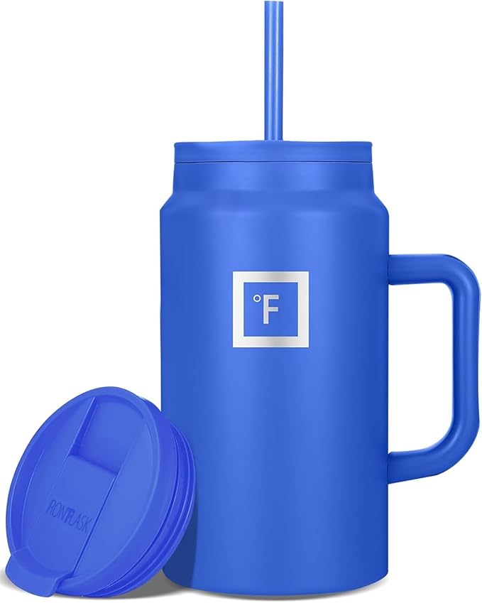 IRON °FLASK Co-Pilot Insulated Mug w/Straw & Flip Cap Lids - Cup Holder Bottle for Hot, Cold Drink - Leak-Proof - Water, Coffee Portable Travel Mug - Cobalt Blue, 50 Oz