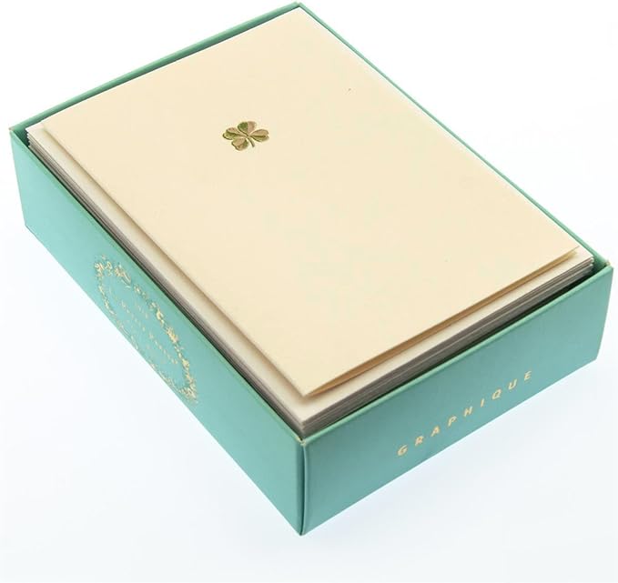 Graphique Shamrock La Petite Presse Boxed Notecards, 10 Embellished Gold Foil Blank Cards with Matching Envelopes and Storage Box, 3.25" x 4.75"