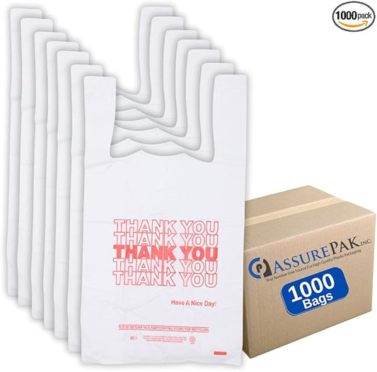 White 'Thank You' HDPE T-Shirt Bags - Grocery Bags with Handles – 1/6 BBL Size 11.5"x6"x21" – 15 Microns – 1000 units – Thank You Shopping Bags for Retail, Takeout, Restaurant Supplies – AssurePak