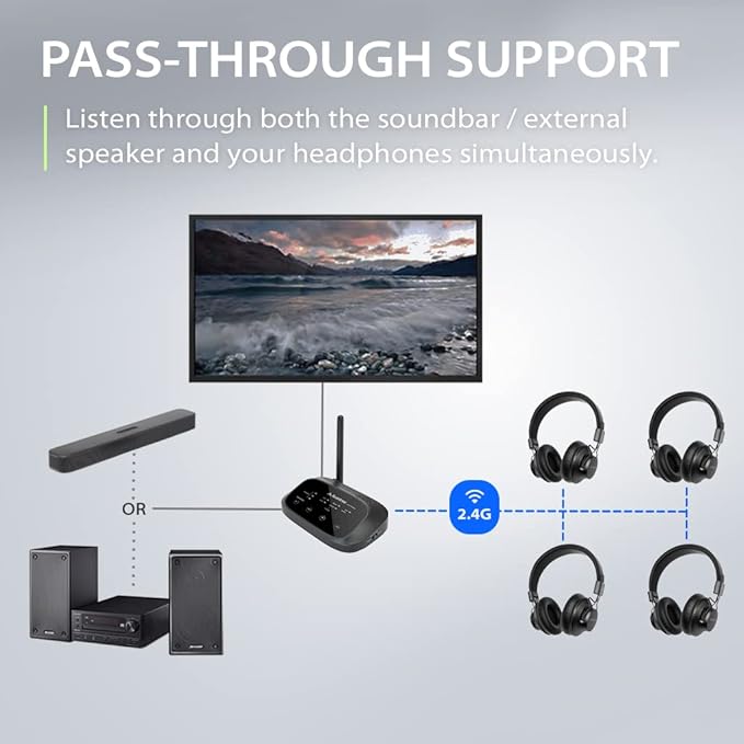 Avantree Shift - Wireless TV Multiple Headphones Pack, Ideal for Watching 2 or More TVs, with Cross-Compatibility, Pass-Through, Long Range, Scalable to 3 Transmitters and 100 Headphones