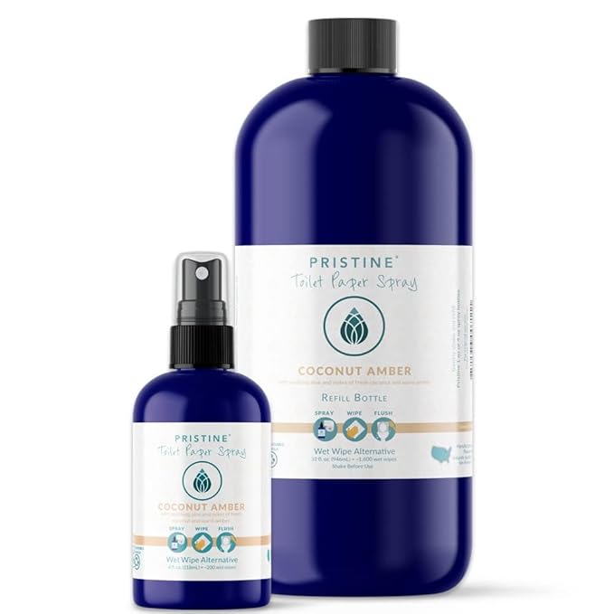 PRISTINE Toilet Paper Spray- As Seen on Shark Tank, More Natural Personal Cleansing Wipes & Flushable Wet Wipes Alternative, Spray Toilet Paper to Create Flushable Wipe, Coconut Amber, 32 fl oz Refill