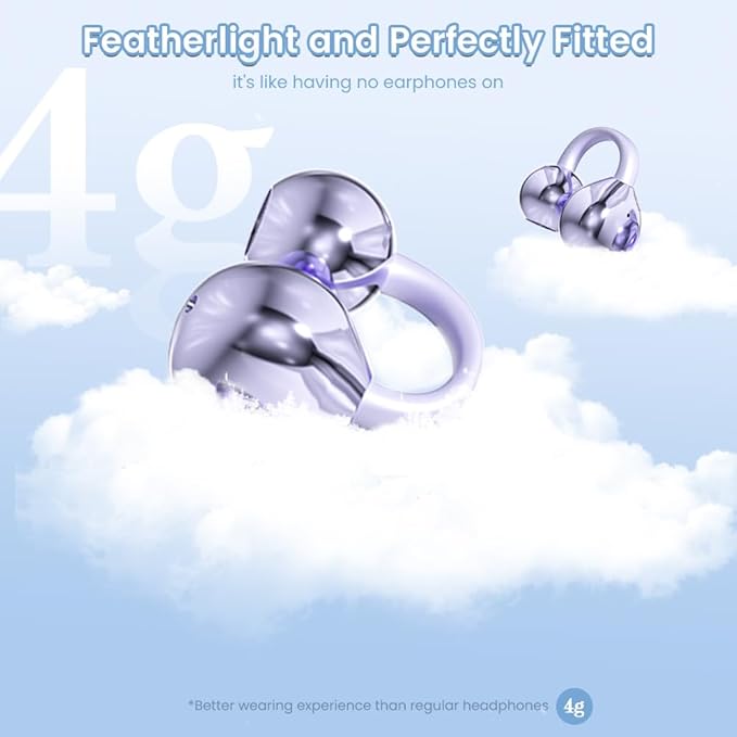 Clip on Earbuds Open Ear Wireless Bluetooth 5.4 Headphones with Mic,60H Play,Noise Cancelling,Waterproof,Sports Ear Buds,Comfortable for Small Ears & Glasses Wearers,Workouts (Purple)