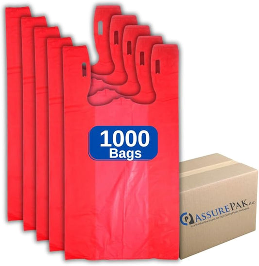 Easy Open - 1000 Bags - Colored Unprinted HDPE T-Shirt Bags - 1/6 BBL 11.5"X6"X21" - 13 microns - Red - Perfect for Groceries, Shopping and Retail Stores LOOP-RED-EO