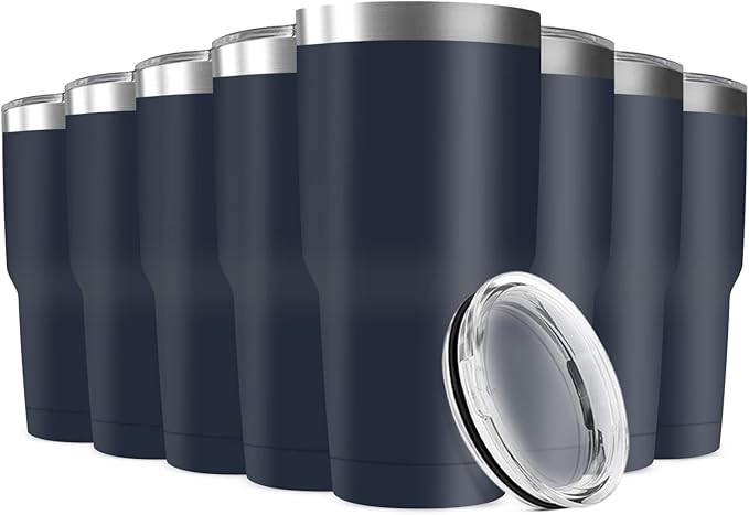 30oz Tumbler Stainless Steel Double Wall Travel Mug with Lids, Vacuum Insulated Bulk Tumblers Coffe Cup for Home, Office, Outdoor Suitable for Vehicle Cup Holders(Set of 8, Navy)
