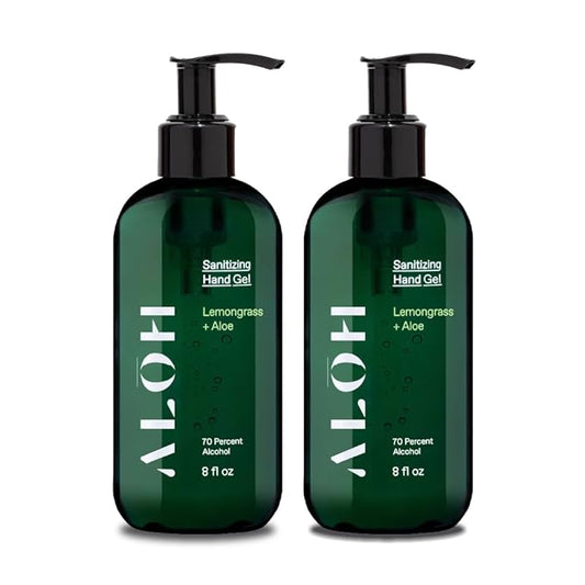 ALŌH Sanitizing Hand Gel 2-pack | Lemongrass + Aloe | 70% Alcohol Hydrating Hand Sanitizer Gel with Essential Oil, for Kids & Adults | 8oz Size Bottle (Set of 2)