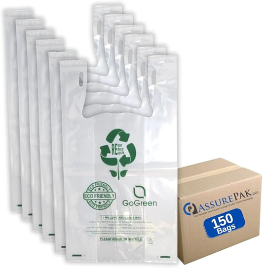 Clear Reusable/Eco-Friendly LDPE T-Shirt - 1/6 BBL 11.5"X6.5"X21" - 150 Bags - 101 Micron (4.0 mil) - Clear - CLLD4MREUSE1221