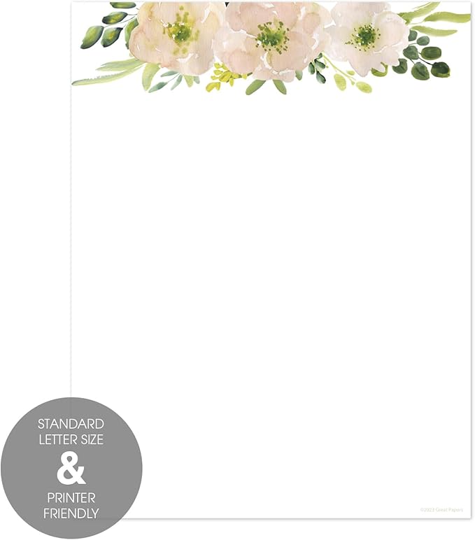 White Watercolor Pink Floral Letterhead / 50 Sheets / 8.5" x 11" Trendy Event Baby Shower Bridal Shower Wedding Paper/All Occasion Flower Decorative Stationery