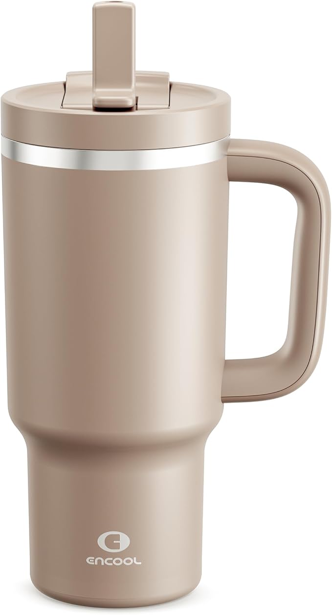 32 oz Tumbler with Handle and Straw: Stainless Steel Insulated Tumbler Keeps Cold for 24 Hours, Leakproof Travel Cup Fits in Cup Holder and BPA-Free, Raw Umber