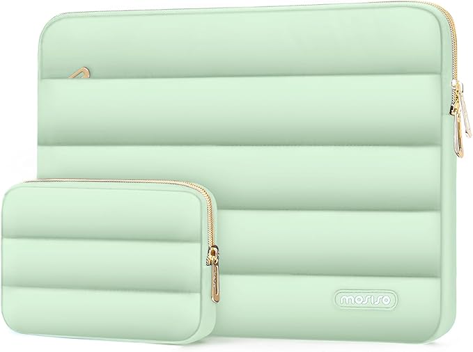 MOSISO 13.3 inch Laptop Case, 13-13.3 inch Puffy Laptop Sleeve Compatible with MacBook Air 13 13.6 M4 M3 M2 M1/Pro 13/Pro 14, HP Dell ASUS Lenovo,Polyester Horizontal Bag with Small Case, Mint Green