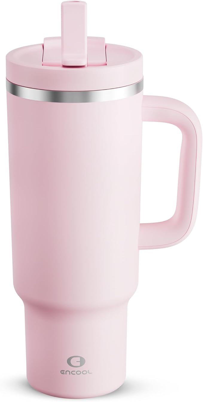 40 oz Tumbler with Handle and Straw: Stainless Steel Insulated Tumbler Keeps Cold for 24 Hours, Leakproof Travel Cup Fits in Cup Holder and BPA-Free, Cotton Candy