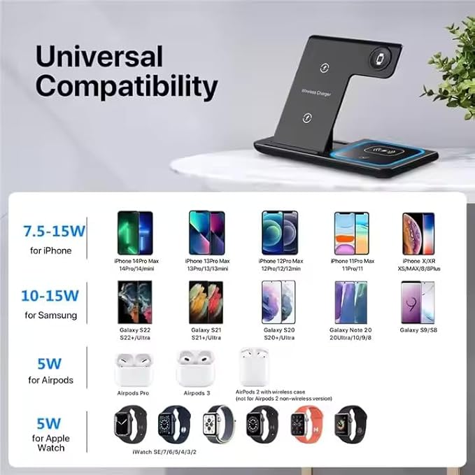 Multiple Devices Charging Station, Wireless Charger 3 in 1 Magnetic Wireless Charging Stand for iPhone 16/15/14/13/12/11/X, Samsung, and Many More with USB Cable, Apple Watch Series (Black)