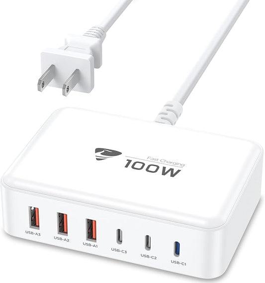 USB C Fast Charger, 100W GaN 6 Port USB C Fast Charging Station Hub Block Cube, QC USB A and PD USB c Wall Charger Power Multiple USB Charger Plug for iPhone 16 15 14 13 12 Pro Max, MacBook, Samsung