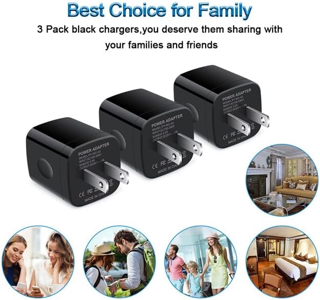 Wall Charger Cube,1A/5V Single Port USB Plug 3 Pack Travel Black Charging Block Box Adapter Compatible Phone,Samsung Galaxy S24 S23 A21 A51 A71 S20 S10 S9 S8,A10e,Note20/10,Moto G7 G6,LG Stylo 6/5/4