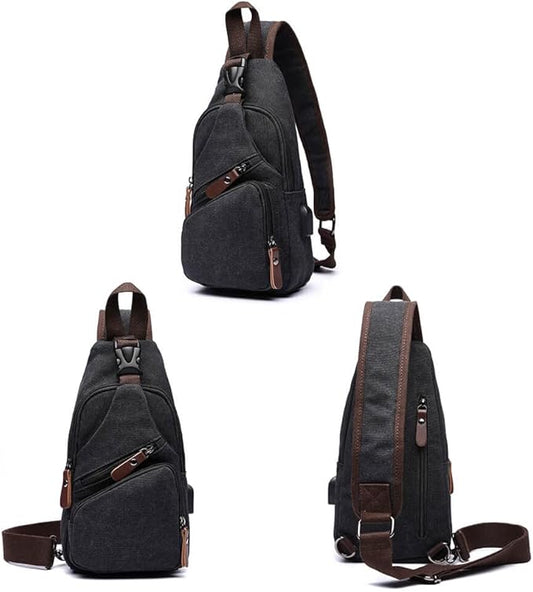 Canvas Sling Bag Crossbody Backpack Shoulder Casual Rucksack for Men Women Outdoor Cycling Hiking Travel Fishing Black