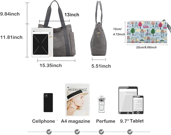 Women's Canvas Tote Handbags Multi-pocket Retro Casual Shoulder Bag Top Handle Satchel Tote Purse