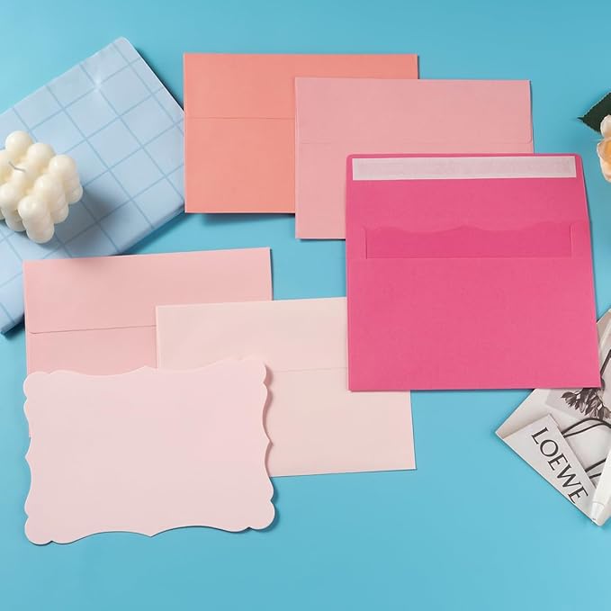 100 Pack A7 Envelopes with Blank 5 x 7 Cards Pink Self-Adhesive Business Envelopes Invitations Cards Envelopes (5 Colors Pink, A7)