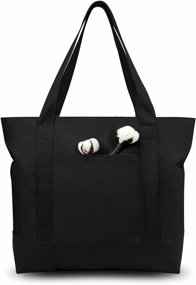TOPDesign 6-Pack Canvas Tote Bags with an External Pocket, Reusable Grocery Shopping Bags, Top Zipper Closure, Daily Essentials (Black)